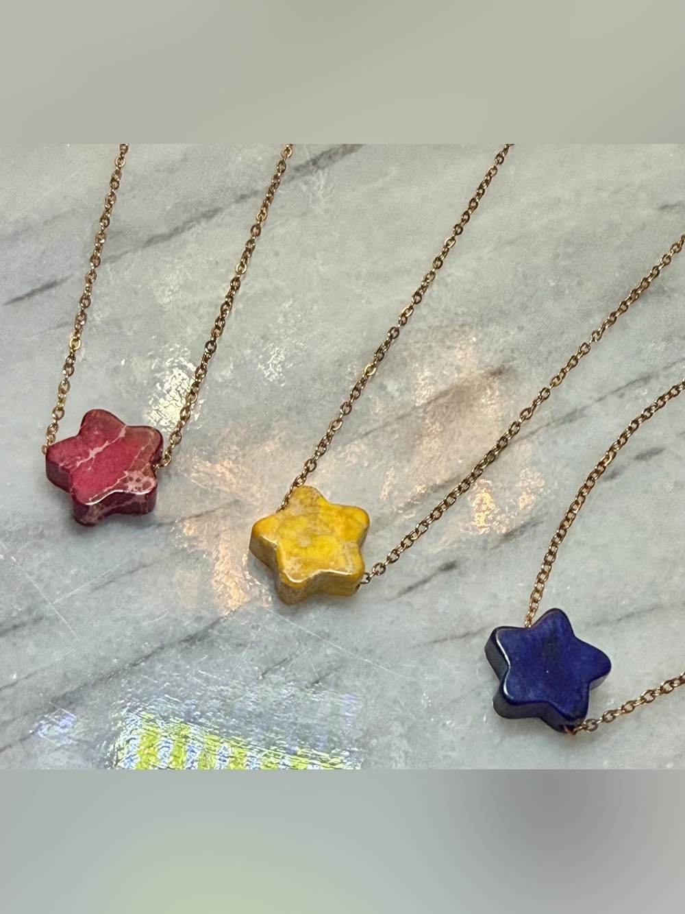 Natural Stone Star Pendant Necklace Stainless Steel 16”